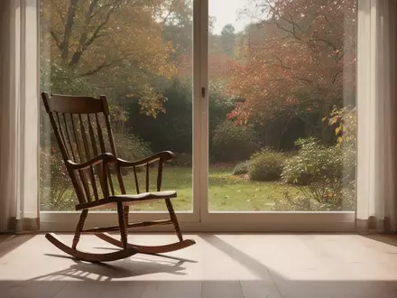 Ein leerer Schaukelstuhl vor einem großen Fenster mit Blick in einen herbstlichen Garten, der eine ruhige und nachdenkliche Atmosphäre ausstrahlt. - Foto: über boerse-global.de