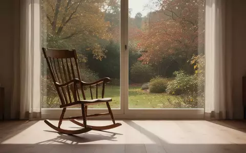 Ein leerer Schaukelstuhl vor einem großen Fenster mit Blick in einen herbstlichen Garten, der eine ruhige und nachdenkliche Atmosphäre ausstrahlt. - Foto: über boerse-global.de