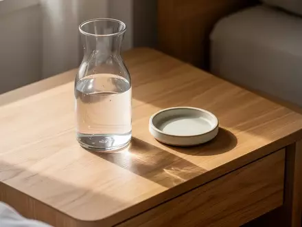 Ein minimalistischer Nachttisch aus Eichenholz mit einer Glaskaraffe und einer kleinen Keramikschale im weichen Morgenlicht. - Foto: über boerse-global.de
