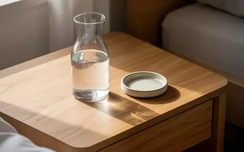 Ein minimalistischer Nachttisch aus Eichenholz mit einer Glaskaraffe und einer kleinen Keramikschale im weichen Morgenlicht. - Foto: über boerse-global.de