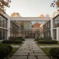 Ein minimalistischer Innenhof eines modernen Bildungshauses mit klaren architektonischen Linien und gepflegten Grünanlagen. - Foto: über boerse-global.de