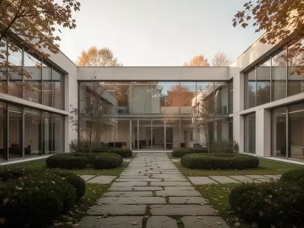 Ein minimalistischer Innenhof eines modernen Bildungshauses mit klaren architektonischen Linien und gepflegten Grünanlagen. - Foto: über boerse-global.de