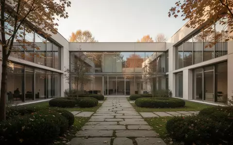 Ein minimalistischer Innenhof eines modernen Bildungshauses mit klaren architektonischen Linien und gepflegten Grünanlagen. - Foto: über boerse-global.de