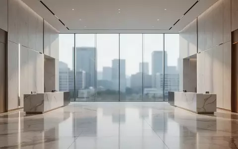 Ein minimalistisches, modernes Foyer einer Bank mit polierten Marmorböden und hellem Tageslicht. - Foto: über boerse-global.de