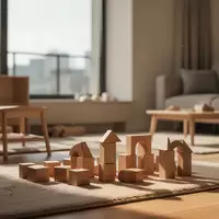 Ein minimalistisch eingerichtetes Wohnzimmer mit einer Spielecke für Kinder und Holzbausteinen auf einem Teppich. - Foto: über boerse-global.de