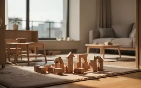 Ein minimalistisch eingerichtetes Wohnzimmer mit einer Spielecke für Kinder und Holzbausteinen auf einem Teppich. - Foto: über boerse-global.de