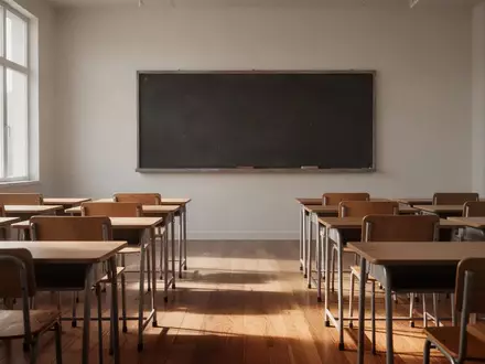 Ein leerer, minimalistischer Klassenraum mit ordentlich aufgereihten Holztischen und Stühlen vor einer leeren Wandtafel. - Foto: über boerse-global.de
