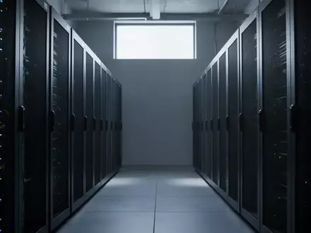 Eine Reihe dunkler, inaktiver Serverracks in einem modern gestalteten, minimalistischen Serverraum. - Foto: über boerse-global.de