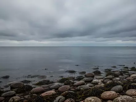 Die ruhige, graue Meeresoberfläche und die steinige Küste der Ostsee unter einem bewölkten Himmel. - Foto: über boerse-global.de