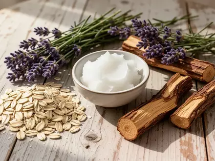 Nahaufnahme von natürlichen Zutaten wie Haferflocken, Kokosöl, Lavendel und Süßholzwurzeln auf einem Holztisch. - Foto: über boerse-global.de