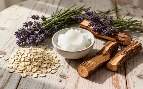 Nahaufnahme von natürlichen Zutaten wie Haferflocken, Kokosöl, Lavendel und Süßholzwurzeln auf einem Holztisch. - Foto: über boerse-global.de