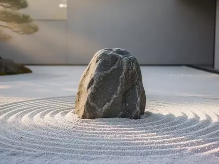 Ein minimalistischer Zen-Garten bei Morgendämmerung mit geharktem Sand und einem einzelnen Stein. - Foto: über boerse-global.de