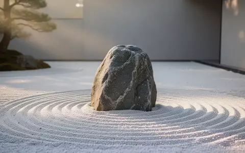 Ein minimalistischer Zen-Garten bei Morgendämmerung mit geharktem Sand und einem einzelnen Stein. - Foto: über boerse-global.de
