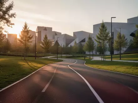 Ein leerer Laufweg in einem städtischen Park bei Sonnenuntergang vor einer modernen Stadtkulisse. - Foto: über boerse-global.de