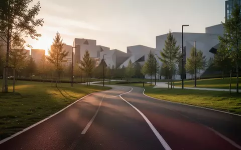 Ein leerer Laufweg in einem städtischen Park bei Sonnenuntergang vor einer modernen Stadtkulisse. - Foto: über boerse-global.de