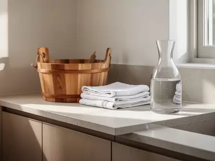 Ein heller, minimalistischer Hauswirtschaftsraum mit sauberen Leinentüchern, einem Holzeimer und einer Glaskaraffe mit Wasser. - Foto: über boerse-global.de