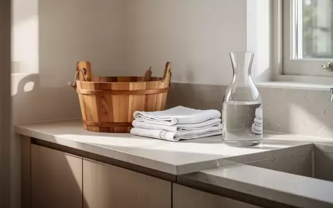Ein heller, minimalistischer Hauswirtschaftsraum mit sauberen Leinentüchern, einem Holzeimer und einer Glaskaraffe mit Wasser. - Foto: über boerse-global.de
