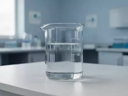 Ein steriler Labortisch mit einem Glasgefäß, das eine klare Flüssigkeit enthält, vor einem unscharfen klinischen Hintergrund. - Foto: über boerse-global.de