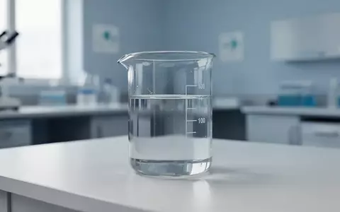 Ein steriler Labortisch mit einem Glasgefäß, das eine klare Flüssigkeit enthält, vor einem unscharfen klinischen Hintergrund. - Foto: über boerse-global.de