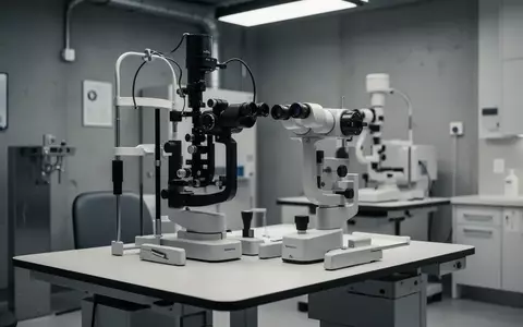 Ein steriler Untersuchungsraum in einer Augenarztpraxis mit medizinischen Diagnosegeräten in gedimmtem Licht. - Foto: über boerse-global.de