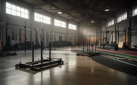 Leere, industrielle Trainingshalle mit Fitnessgeräten und Laufbahnen in einer atmosphärischen Lichtstimmung. - Foto: über boerse-global.de