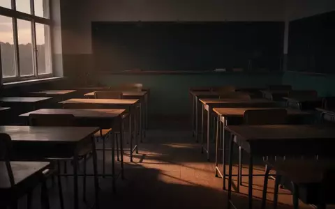 Ein leerer, in dämmriges Licht getauchter Klassenraum mit leeren Schulbänken und langen Schatten auf dem Boden. - Foto: über boerse-global.de