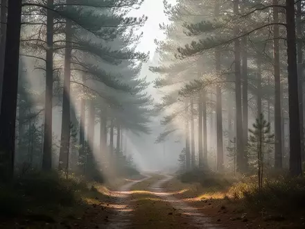 Ein nebliger, friedlicher Waldweg in den frühen Morgenstunden, der zur Stille und inneren Einkehr einlädt. - Foto: über boerse-global.de