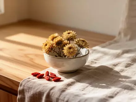 Eine Nahaufnahme einer kleinen Porzellanschale mit getrockneten Chrysanthemenblüten und Goji-Beeren auf einer Holzoberfläche. - Foto: über boerse-global.de