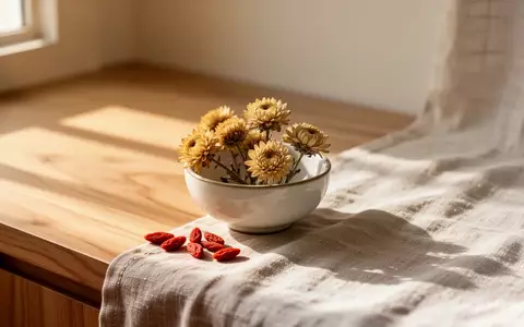 Eine Nahaufnahme einer kleinen Porzellanschale mit getrockneten Chrysanthemenblüten und Goji-Beeren auf einer Holzoberfläche. - Foto: über boerse-global.de
