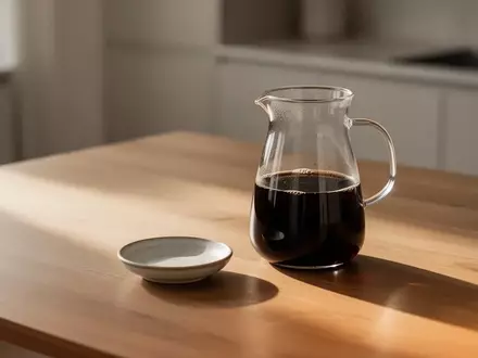 Eine Glaskaraffe mit schwarzem Kaffee auf einem Holztisch in einem hellen, minimalistischen Raum. - Foto: über boerse-global.de