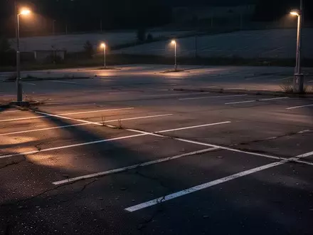 Ein verlassener Parkplatz bei Dämmerung mit leeren Parkbuchten und Straßenlaternen. - Foto: über boerse-global.de