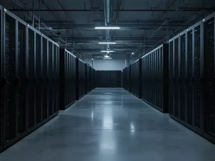Eine weitläufige, in kühles blaues Licht getauchte Serverhalle mit leeren, dunklen Server-Racks in einer industriellen Umgebung. - Foto: über boerse-global.de