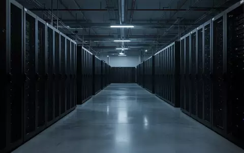Eine weitläufige, in kühles blaues Licht getauchte Serverhalle mit leeren, dunklen Server-Racks in einer industriellen Umgebung. - Foto: über boerse-global.de