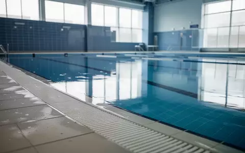 Ein ruhiges, leeres Schwimmbecken mit blauen Fliesen und spiegelnder WasseroberflĂ€che in einer hellen Schwimmhalle. - Foto: ĂŒber boerse-global.de