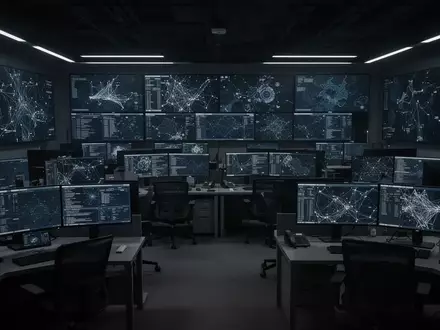 Ein moderner, unbesetzter Arbeitsplatz in einer polizeilichen Cyber-Ermittlungszentrale mit dunklen Monitoren. - Foto: über boerse-global.de
