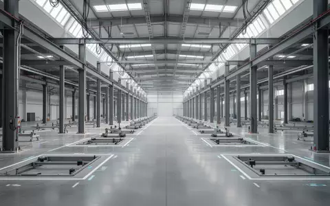 Eine weitläufige, leere Fabrikhalle mit poliertem Betonboden und Stahlträgern, die auf eine zukünftige automatisierte Fertigung hindeutet. - Foto: über boerse-global.de