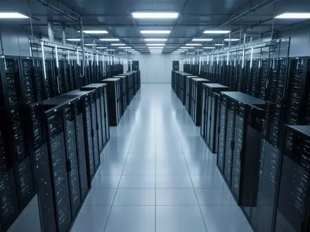 Ein moderner Serverraum mit symmetrisch angeordneten, dunklen Server-Racks in einer kühlen, technologischen Umgebung. - Foto: über boerse-global.de