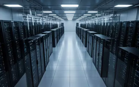 Ein moderner Serverraum mit symmetrisch angeordneten, dunklen Server-Racks in einer kühlen, technologischen Umgebung. - Foto: über boerse-global.de