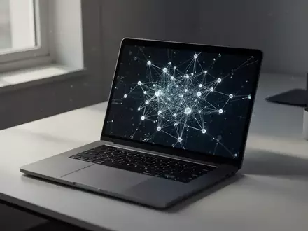 Ein moderner, minimalistischer Arbeitsplatz mit einem Laptop, der ein abstraktes digitales Netzwerk zeigt. - Foto: über boerse-global.de