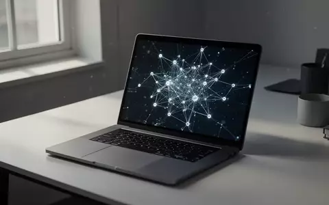 Ein moderner, minimalistischer Arbeitsplatz mit einem Laptop, der ein abstraktes digitales Netzwerk zeigt. - Foto: über boerse-global.de