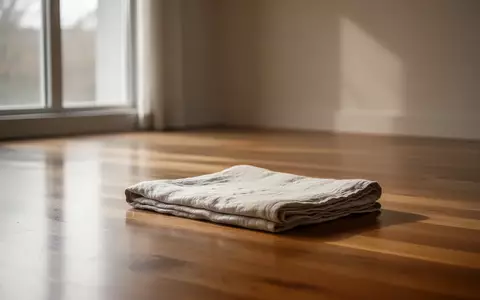 Ein heller, minimalistischer Raum mit einem ordentlich gefalteten Yogamatten-Tuch auf einem Holzboden in sanftem Tageslicht. - Foto: über boerse-global.de