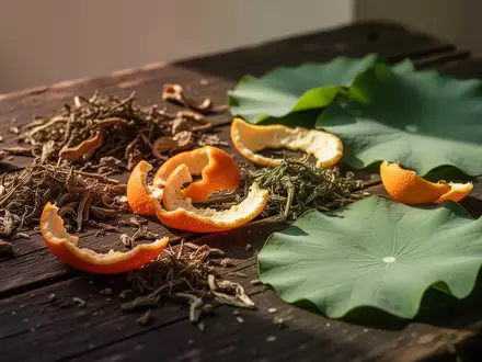 Getrocknete Kräuter und Fruchtschalen auf einer rustikalen Holzoberfläche als Symbol für traditionelle Heilmethoden. - Foto: über boerse-global.de