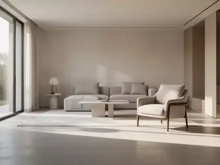Ein helles, minimalistisch eingerichtetes Wohnzimmer mit freier Bodenfläche und einem gemütlichen Sessel in natürlichem Licht. - Foto: über boerse-global.de