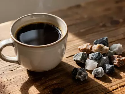 Eine einzelne Kaffeetasse auf einem Holztisch neben mineralischen Rohsteinen im weichen Morgenlicht. - Foto: über boerse-global.de