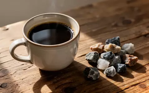 Eine einzelne Kaffeetasse auf einem Holztisch neben mineralischen Rohsteinen im weichen Morgenlicht. - Foto: über boerse-global.de