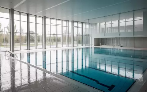Ein leeres, modernes öffentliches Hallenbad mit hellen Fliesen und klarem Wasser bei Tageslicht. - Foto: über boerse-global.de