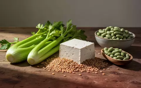 Frische, unverarbeitete Lebensmittel wie Sellerie, Tofu und Hülsenfrüchte auf einem Holztisch. - Foto: über boerse-global.de