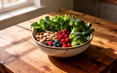 Eine Schale mit frischen, unverarbeiteten Lebensmitteln wie Nüssen, Beeren und Gemüse auf einem hölzernen Küchentisch. - Foto: über boerse-global.de