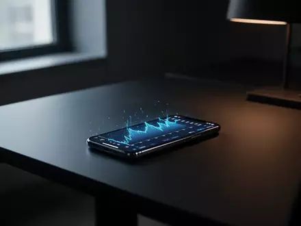 Ein minimalistischer Schreibtisch mit einem Smartphone, das ein digitales Chart anzeigt, in einem abgedunkelten Raum. - Foto: über boerse-global.de