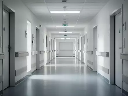 Ein leerer, hell beleuchteter Krankenhausflur mit sterilen Oberflächen und reflektierendem Boden. - Foto: über boerse-global.de